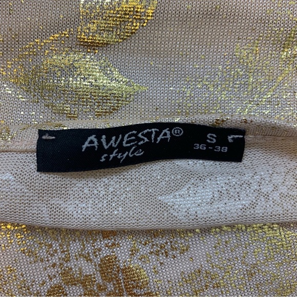 AWESTA Metallic Floral Print Blouse With Front Laser Cutout Blush/Gold Sz Small - Picture 8 of 10